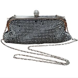 Black Rhinestone Evening Clutch with Silver Chain Strap